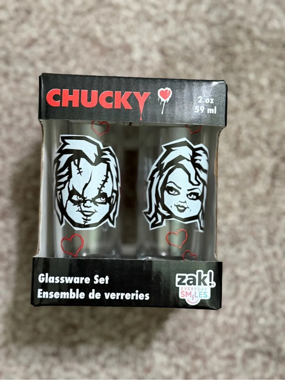 Chucky Glassware Shot Glass Set - Red & Black Heart Design